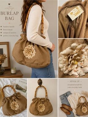 Burlap Shoulder Bag with Bamboo Handles and Flower Accent - Beige